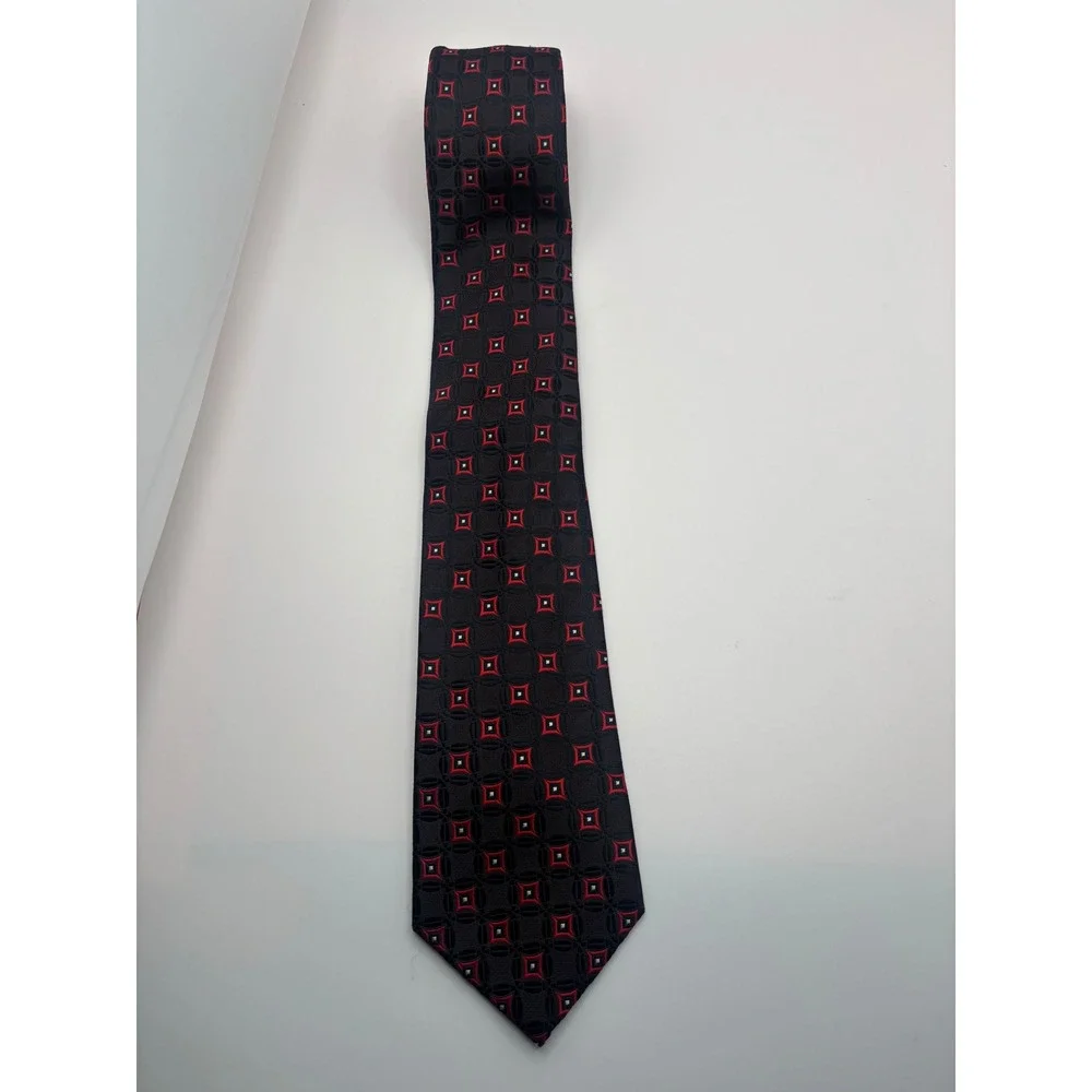 Valerio Garati Mens Geometric Necktie Red Black White Diamond Pattern Hand Made